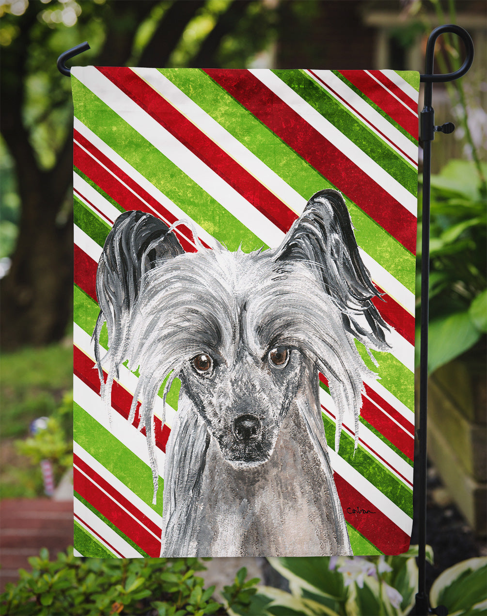 Chinese Crested Candy Cane Christmas Flag Garden Size