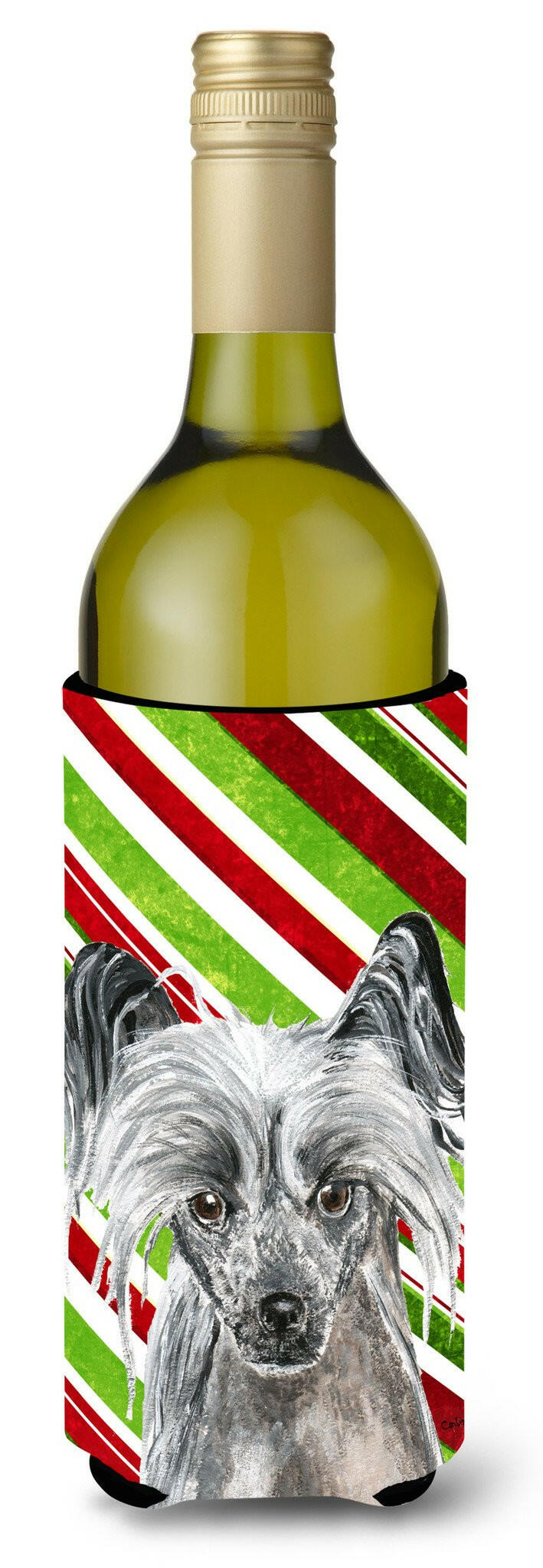 Chinese Crested Candy Cane Christmas Wine Bottle Beverage Insulator Beverage Insulator Hugger by Caroline&#39;s Treasures