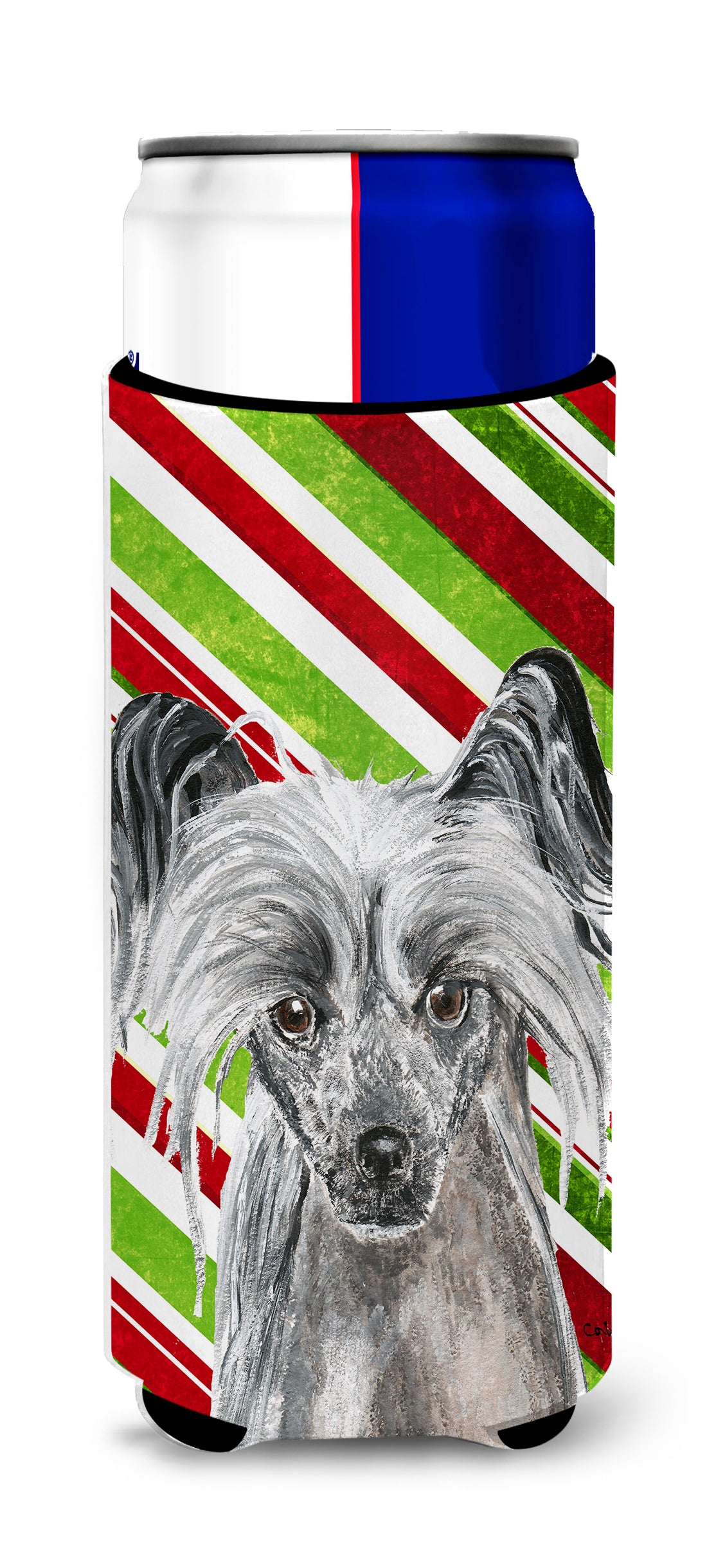 Chinese Crested Candy Cane Christmas Ultra Beverage Insulators for slim cans