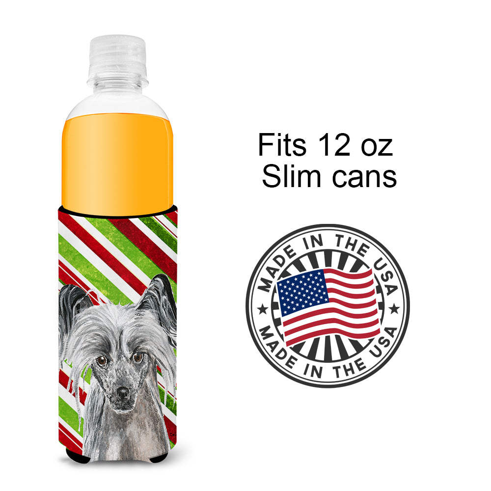 Chinese Crested Candy Cane Christmas Ultra Beverage Insulators for slim cans.