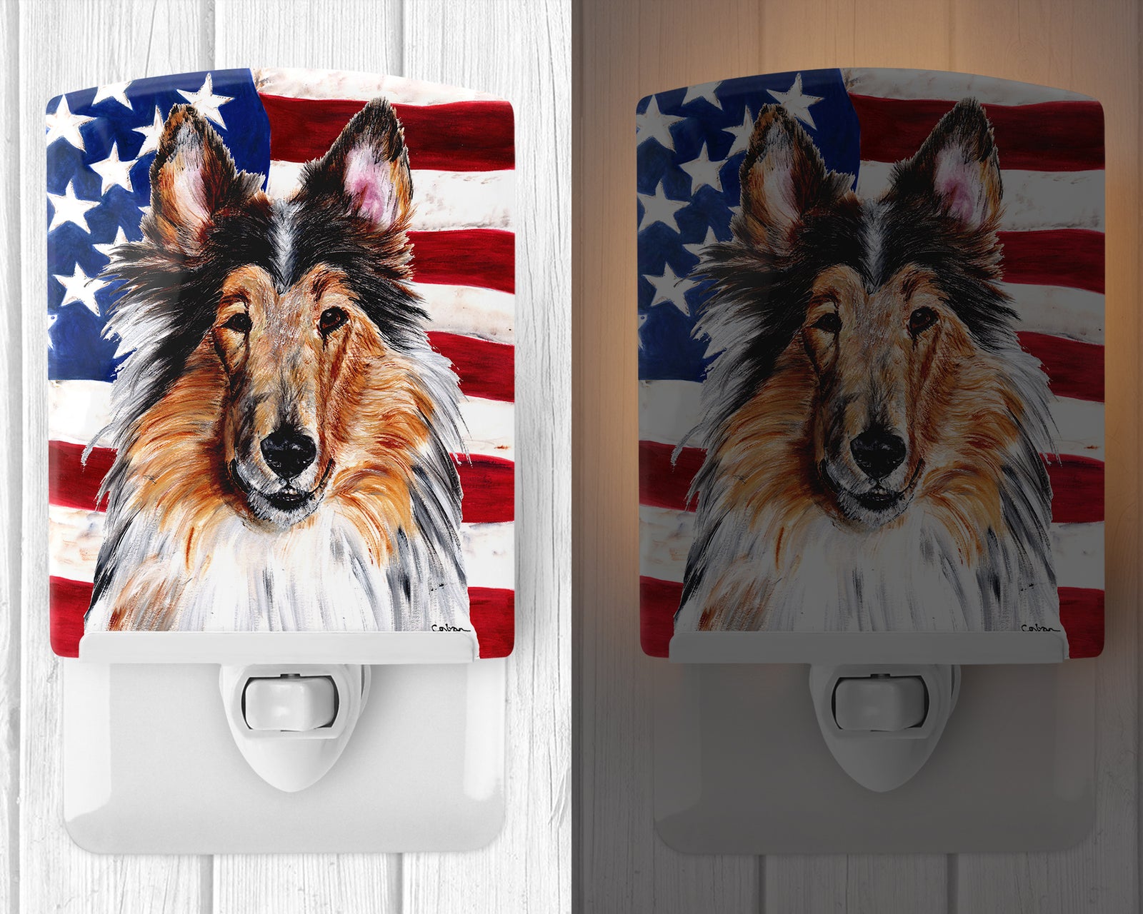 Caroline's Treasures Collie with American Flag USA Ceramic Night Light SC9622CNL