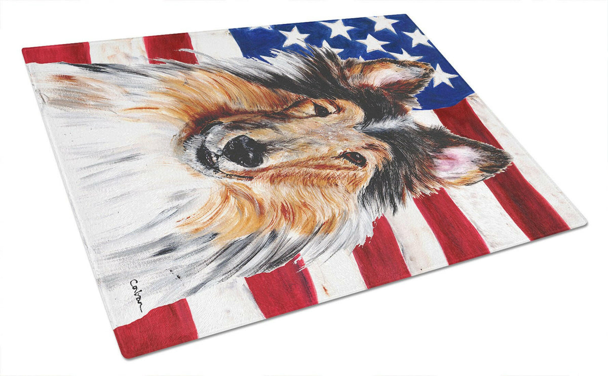 Collie with American Flag USA Glass Cutting Board Large Size SC9622LCB by Caroline&#39;s Treasures