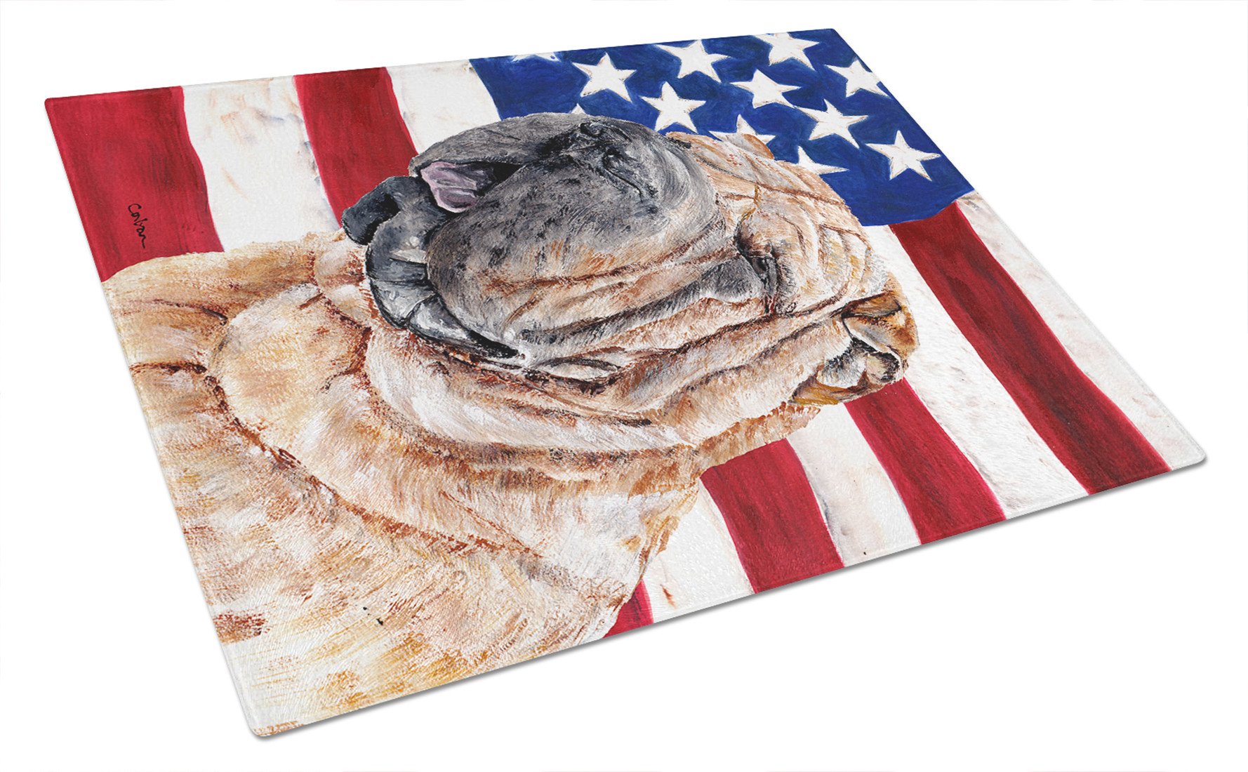 Shar Pei with American Flag USA Glass Cutting Board Large Size SC9623LCB by Caroline's Treasures