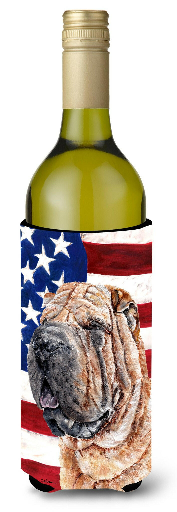 Shar Pei with American Flag USA Wine Bottle Beverage Insulator Hugger SC9623LITERK by Caroline&#39;s Treasures