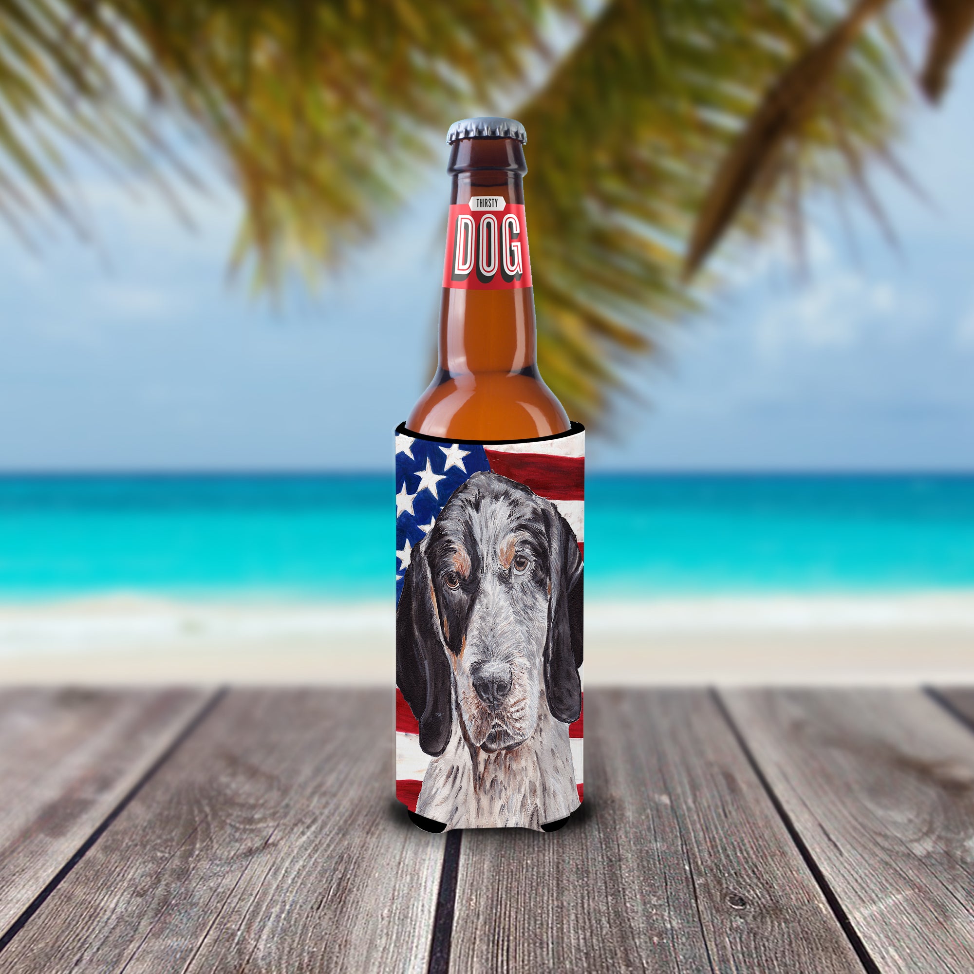 Blue Tick Coonhound with American Flag USA Ultra Beverage Insulators for slim cans SC9625MUK.