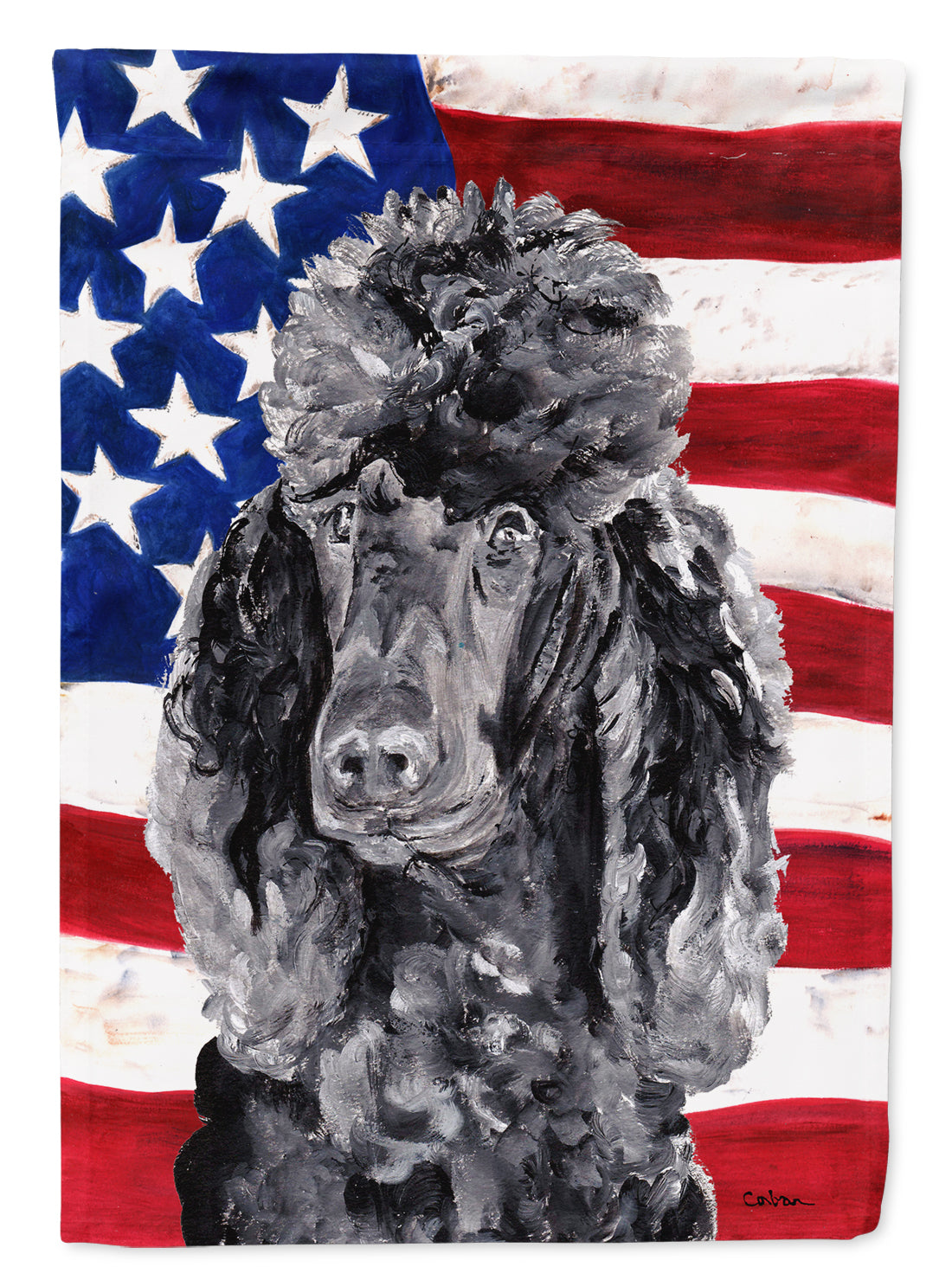 Black Standard Poodle with American Flag USA Flag Canvas House Size SC9626CHF  the-store.com.