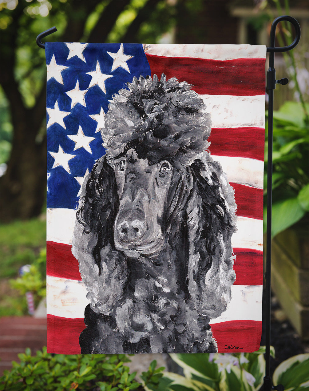 Black Standard Poodle with American Flag USA Flag Garden Size SC9626GF.