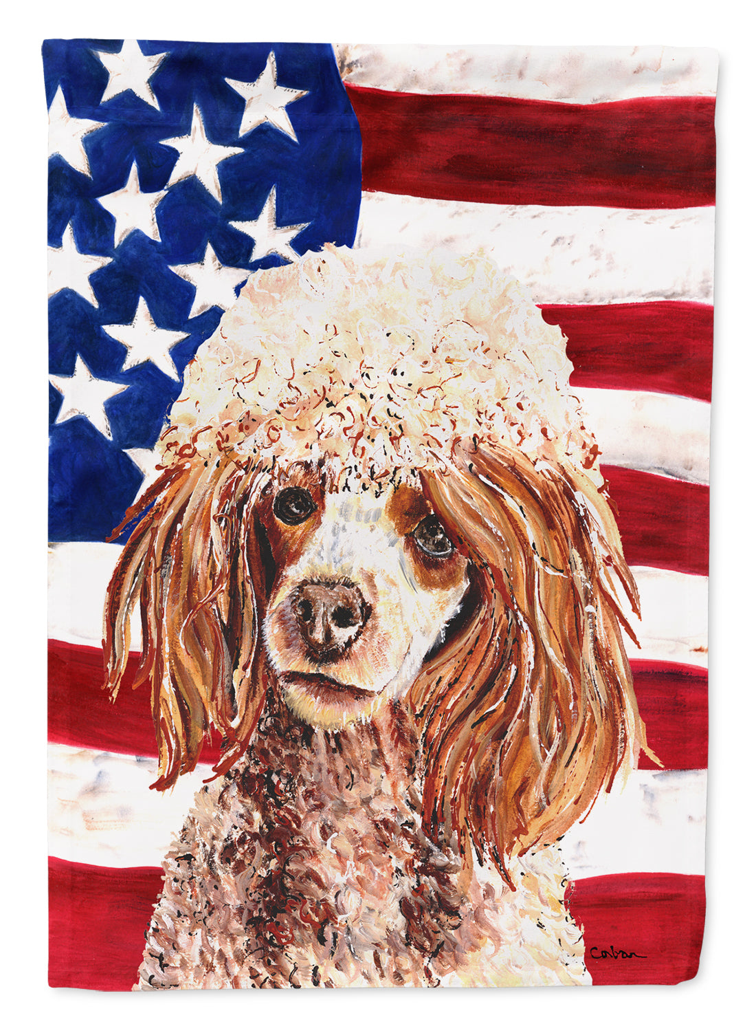 Red Miniature Poodle with American Flag USA Flag Garden Size SC9627GF.