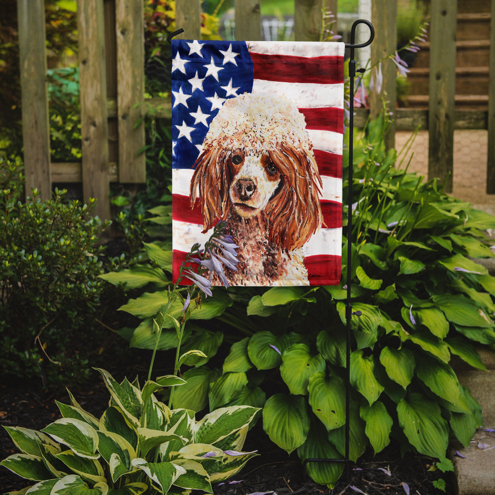 Red Miniature Poodle with American Flag USA Flag Garden Size SC9627GF.