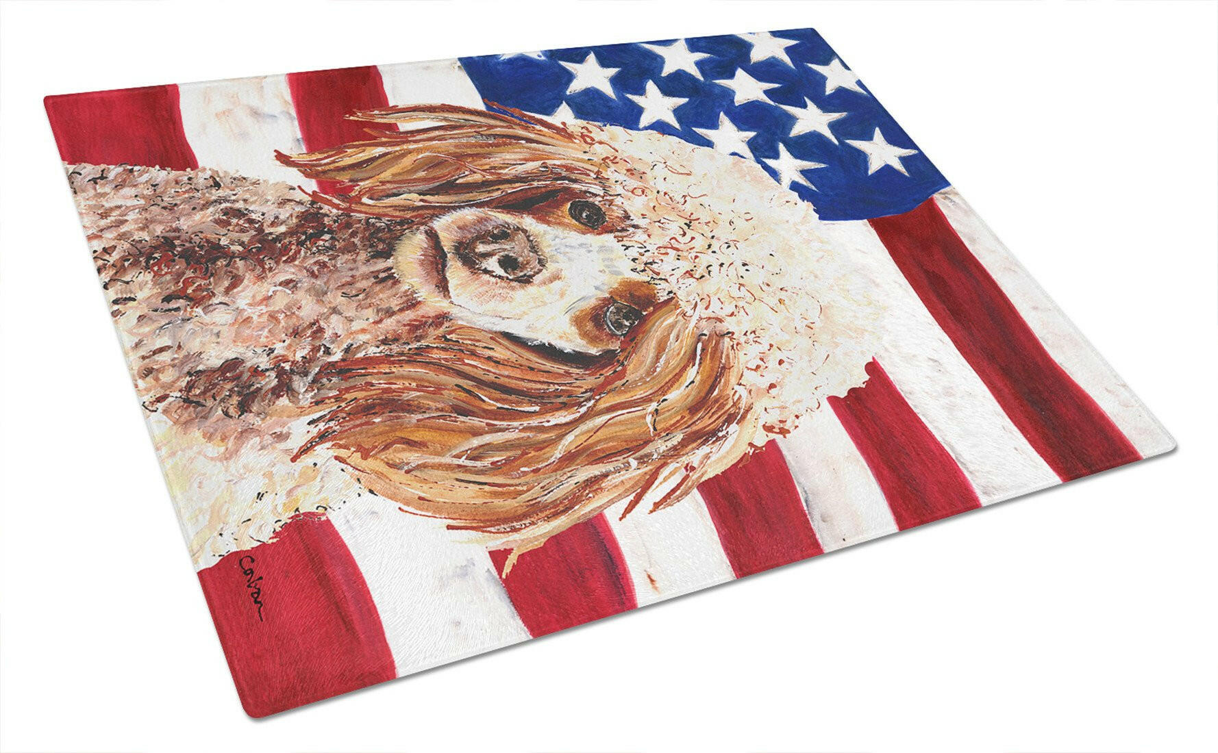 Red Miniature Poodle with American Flag USA Glass Cutting Board Large Size SC9627LCB by Caroline's Treasures