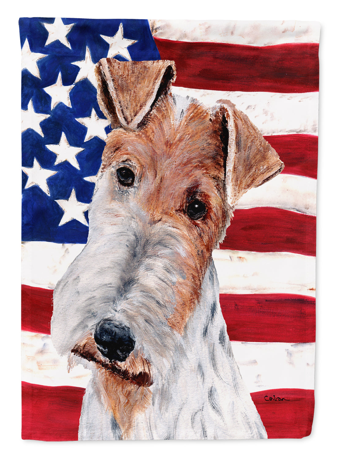Wire Fox Terrier with American Flag USA Flag Canvas House Size SC9628CHF