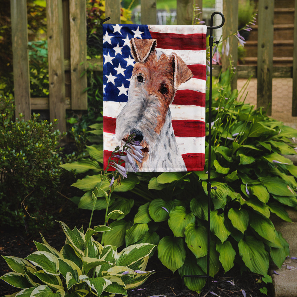 Wire Fox Terrier with American Flag USA Flag Garden Size SC9628GF.