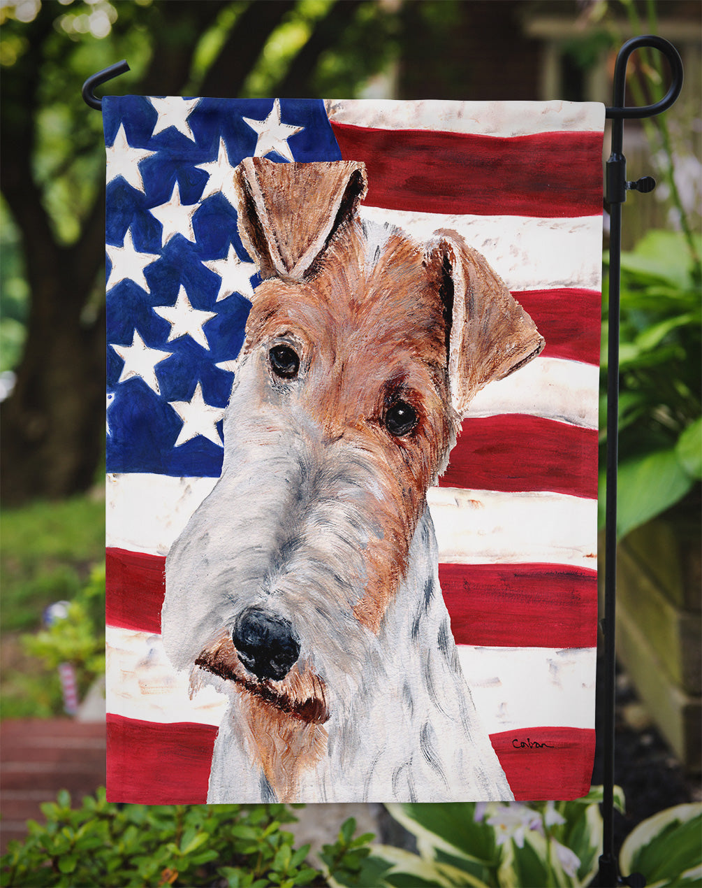 Wire Fox Terrier with American Flag USA Flag Garden Size SC9628GF.
