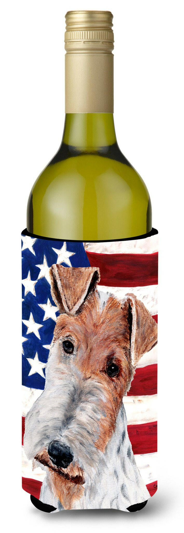 Wire Fox Terrier with American Flag USA Wine Bottle Beverage Insulator Hugger SC9628LITERK by Caroline&#39;s Treasures