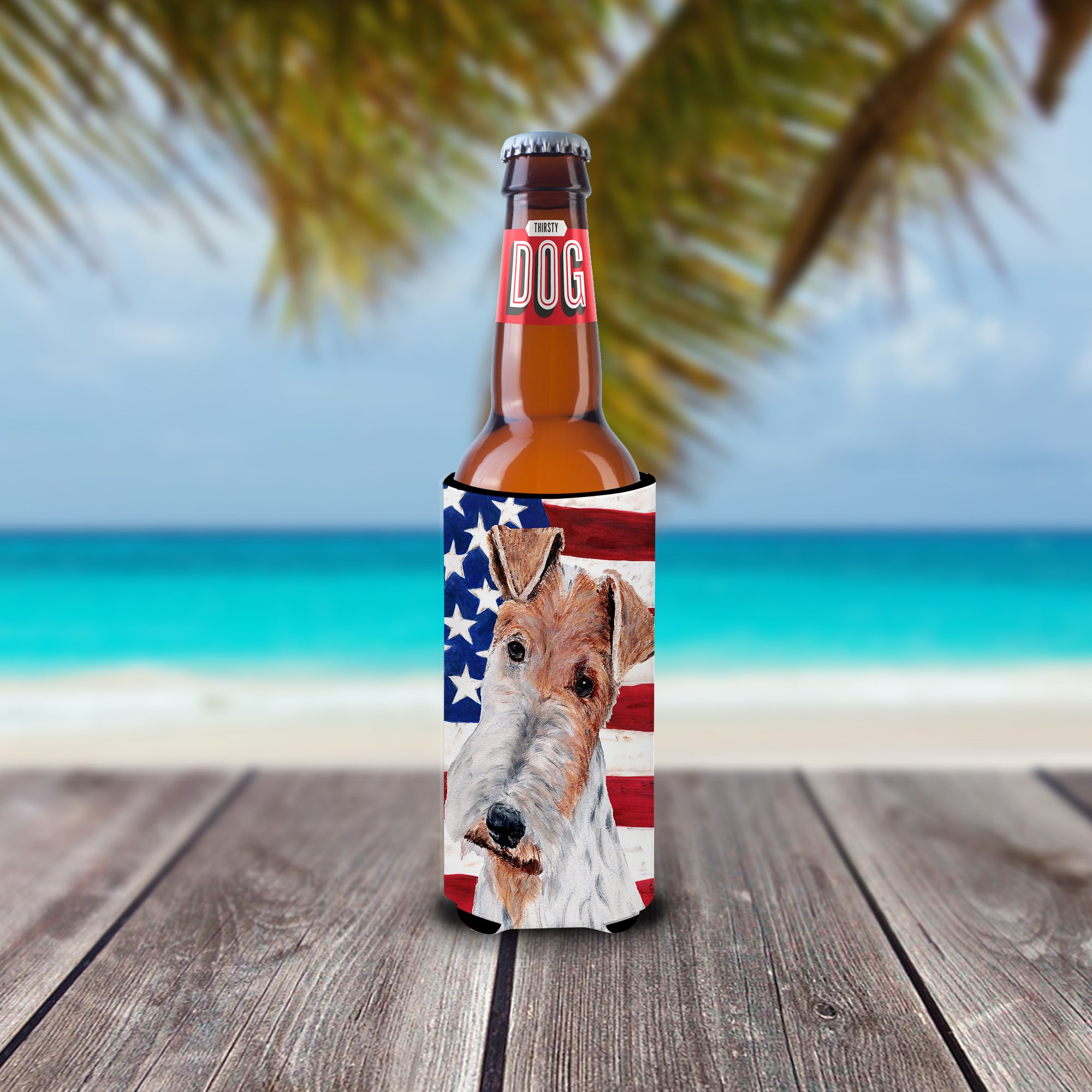 Wire Fox Terrier with American Flag USA Ultra Beverage Insulators for slim cans SC9628MUK