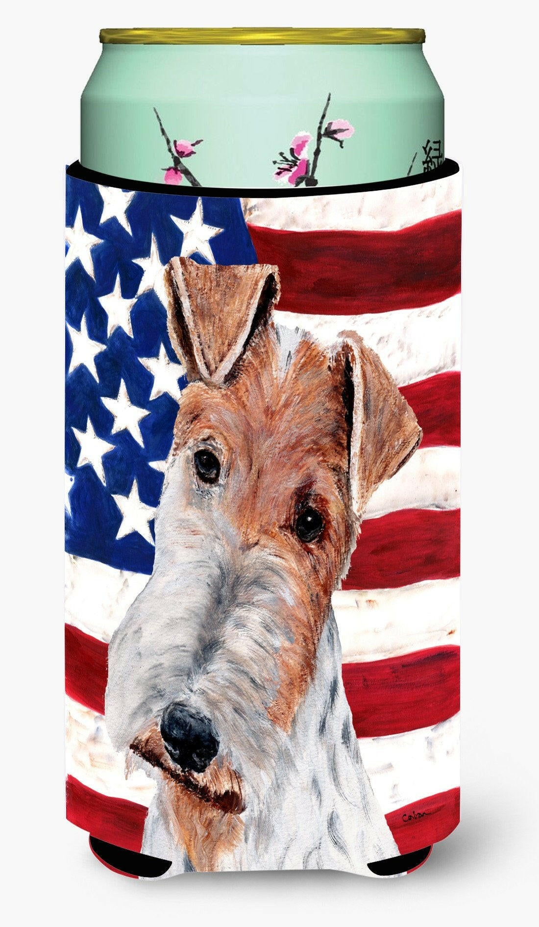 Wire Fox Terrier with American Flag USA Tall Boy Beverage Insulator Hugger SC9628TBC by Caroline&#39;s Treasures