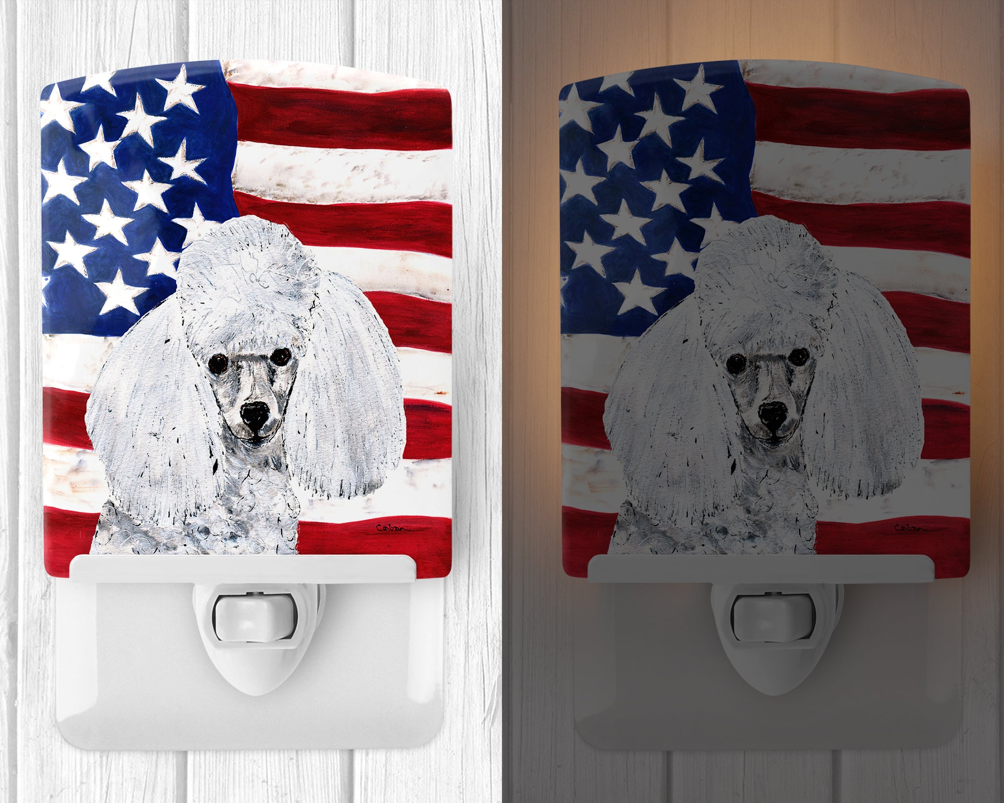 White Toy Poodle with American Flag USA Ceramic Night Light SC9629CNL - the-store.com