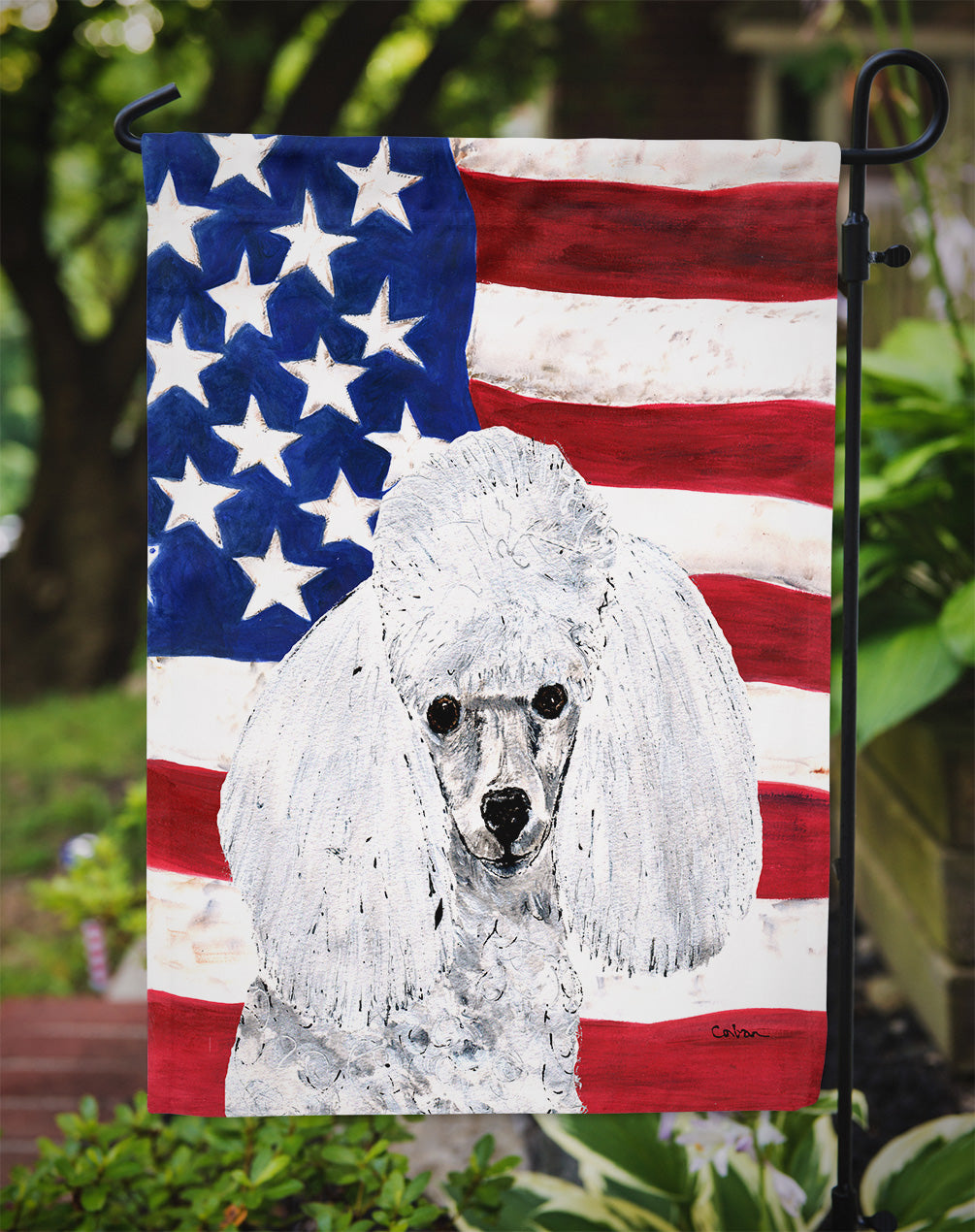 White Toy Poodle with American Flag USA Flag Garden Size SC9629GF.