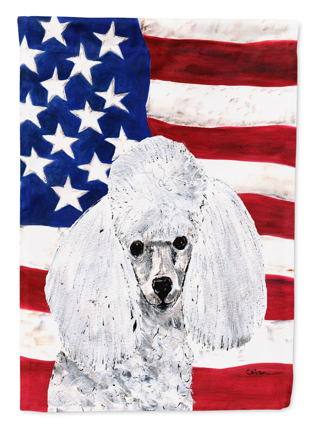 White Toy Poodle with American Flag USA Flag Garden Size SC9629GF.