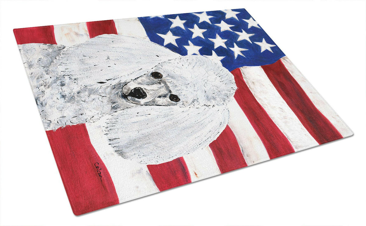 White Toy Poodle with American Flag USA Glass Cutting Board Large Size SC9629LCB by Caroline&#39;s Treasures