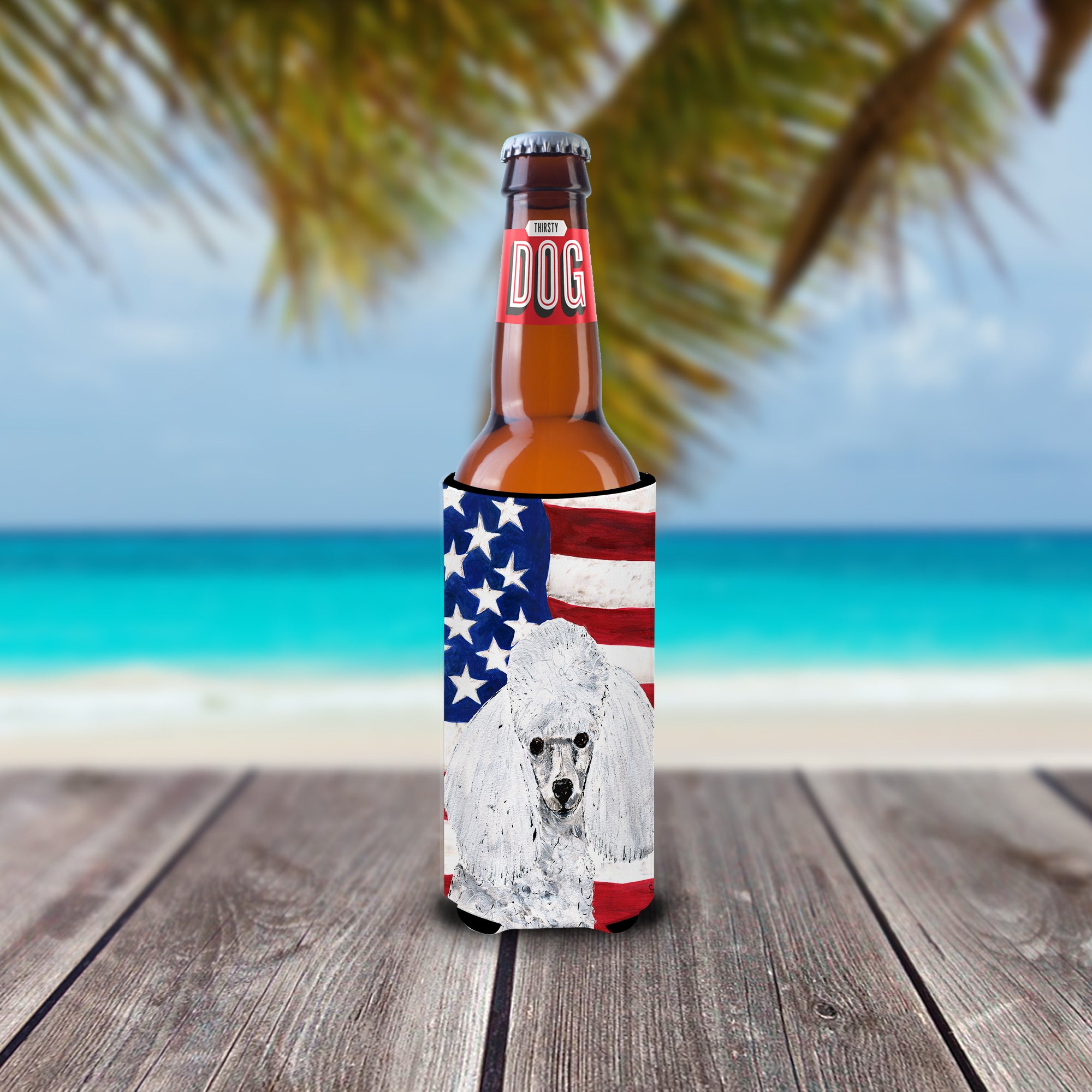White Toy Poodle with American Flag USA Ultra Beverage Insulators for slim cans SC9629MUK.