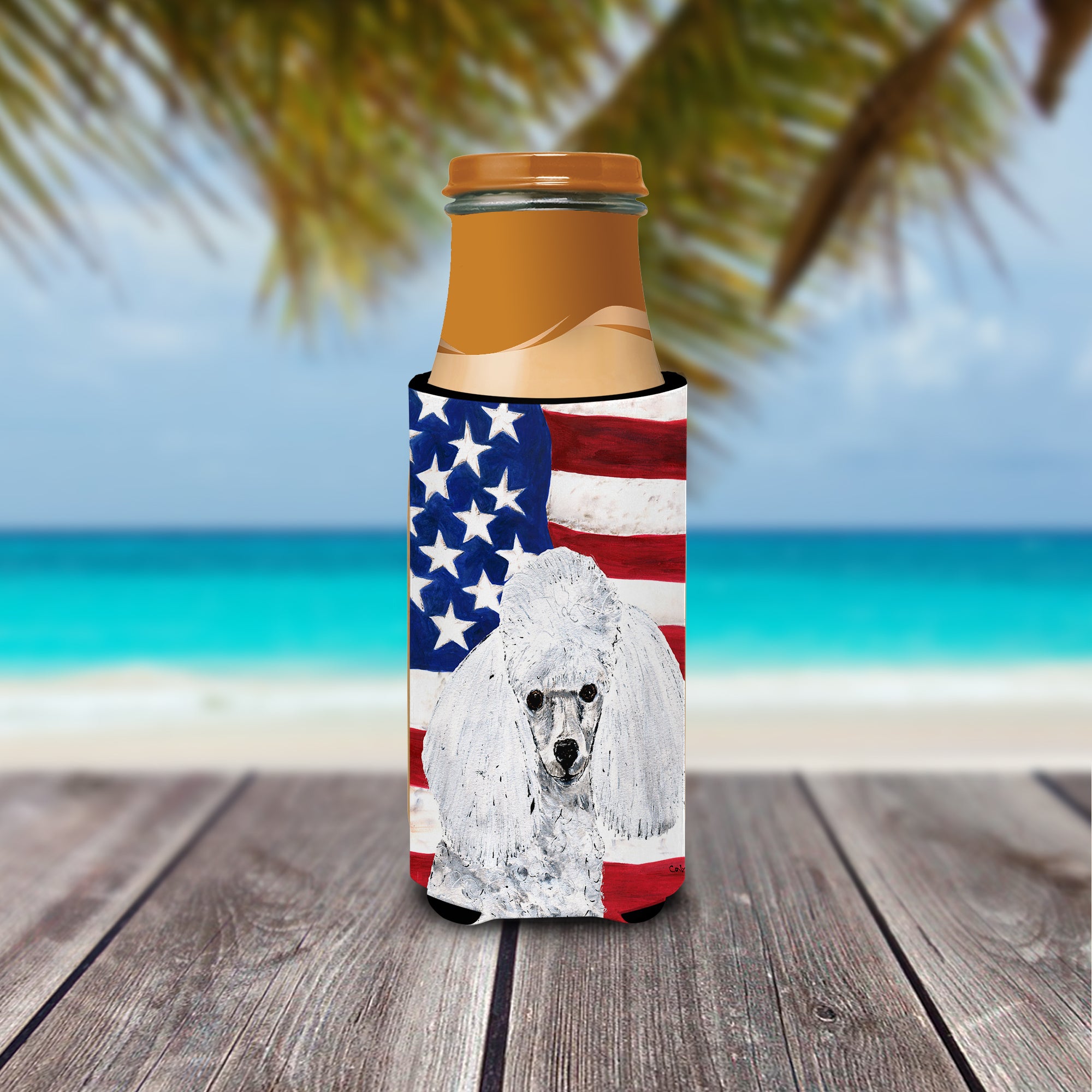 White Toy Poodle with American Flag USA Ultra Beverage Insulators for slim cans SC9629MUK