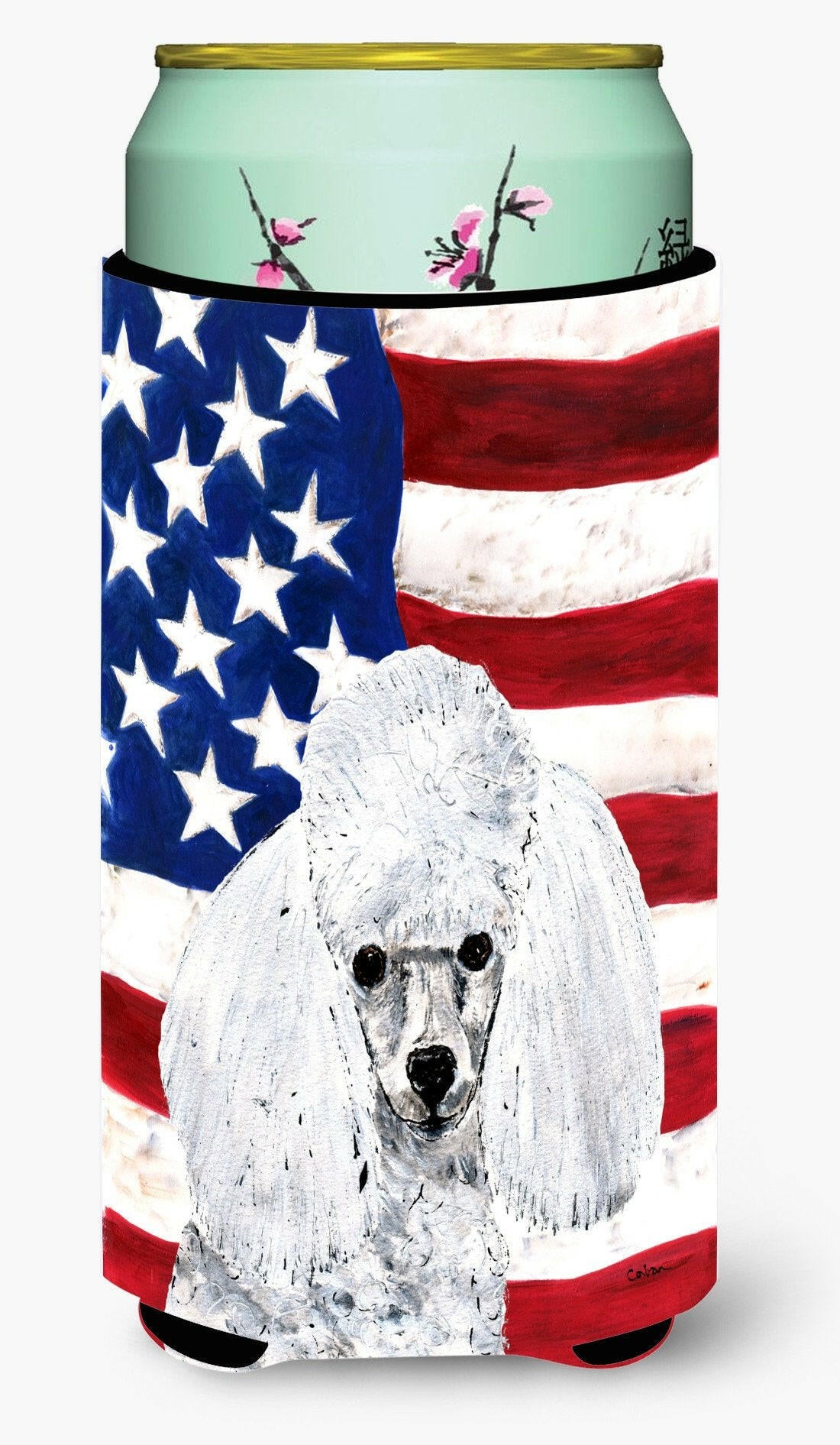 White Toy Poodle with American Flag USA Tall Boy Beverage Insulator Hugger SC9629TBC by Caroline's Treasures