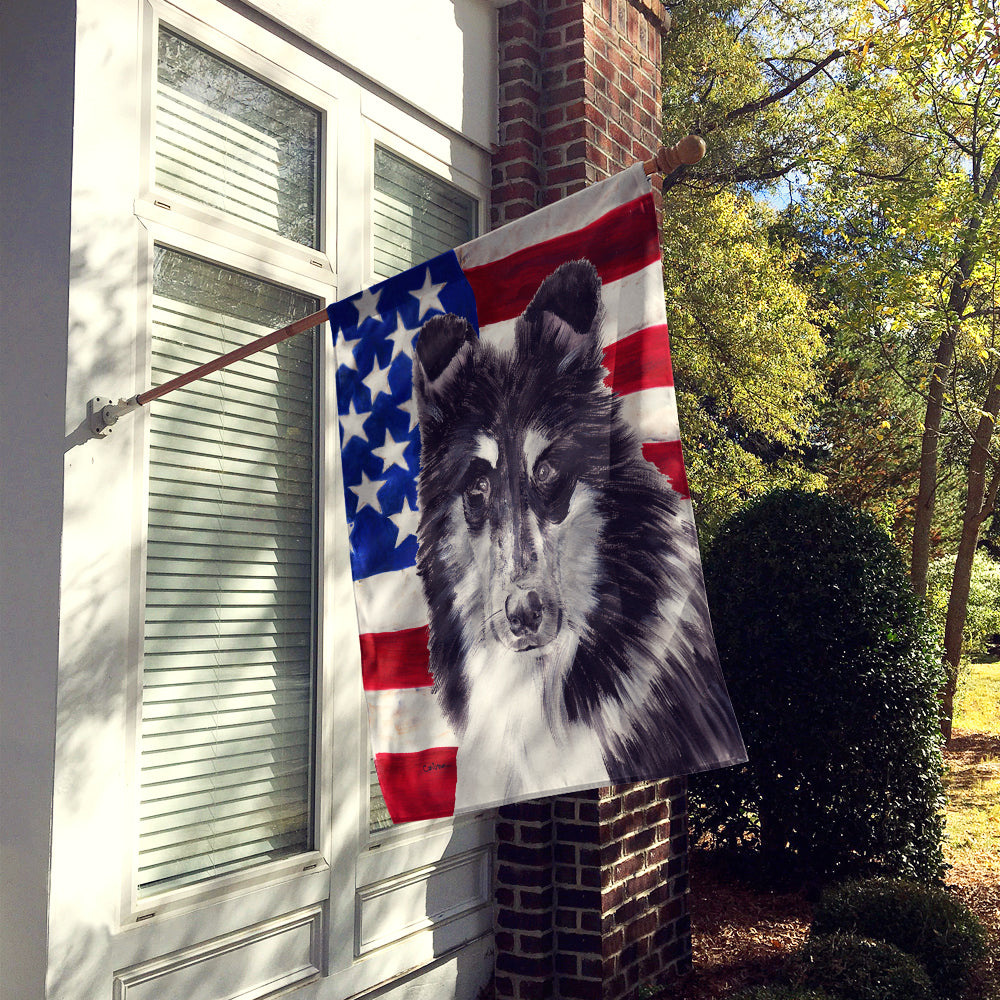Black and White Collie with American Flag USA Flag Canvas House Size SC9630CHF  the-store.com.