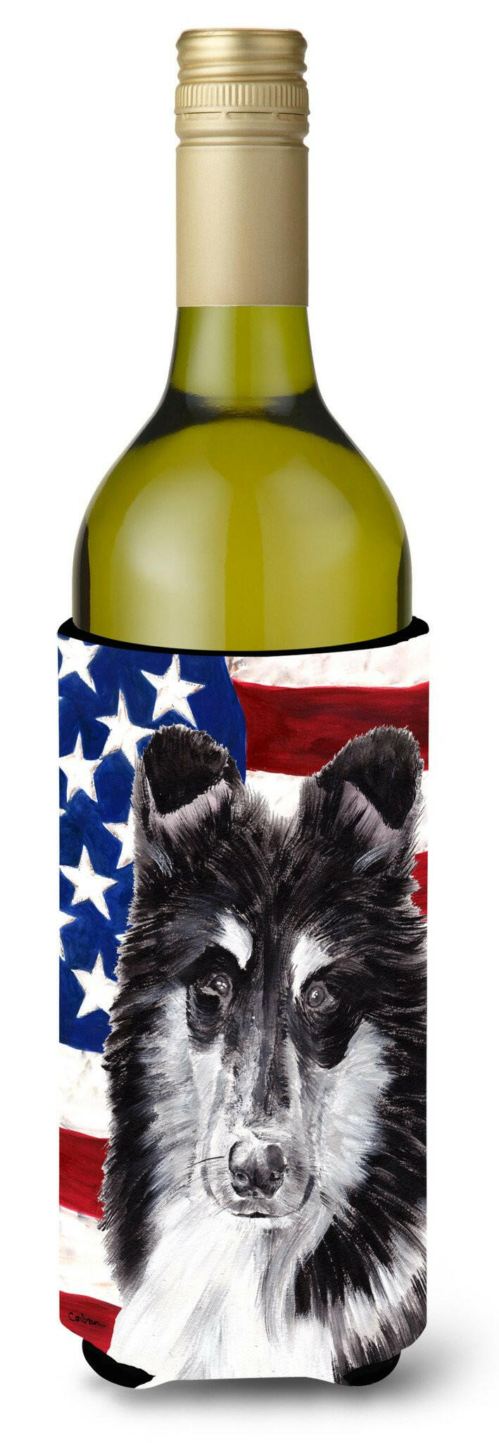 Black and White Collie with American Flag USA Wine Bottle Beverage Insulator Hugger SC9630LITERK by Caroline's Treasures