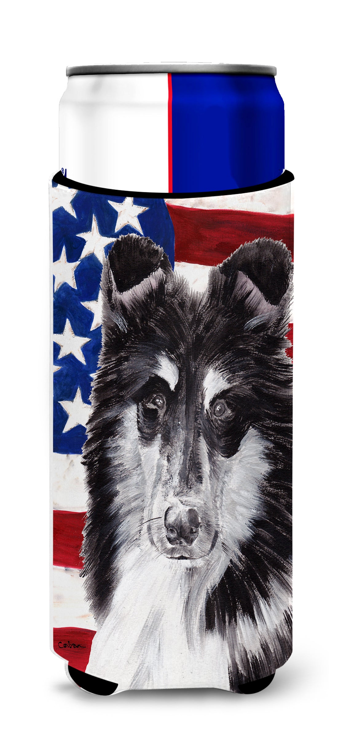 Black and White Collie with American Flag USA Ultra Beverage Insulators for slim cans SC9630MUK