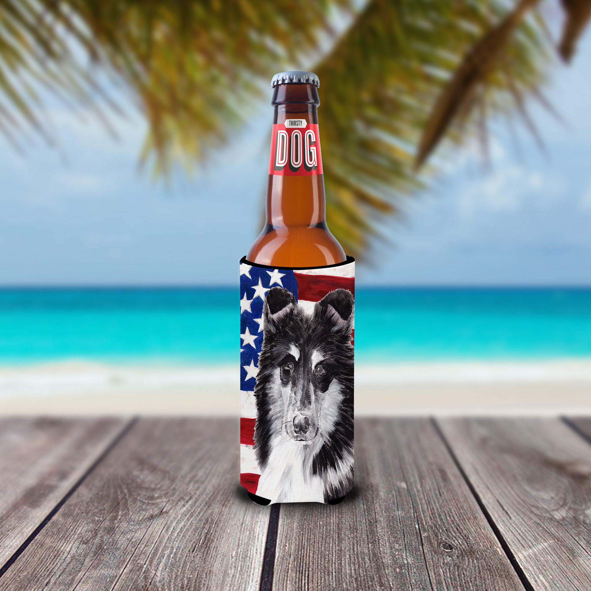 Black and White Collie with American Flag USA Ultra Beverage Insulators for slim cans SC9630MUK.