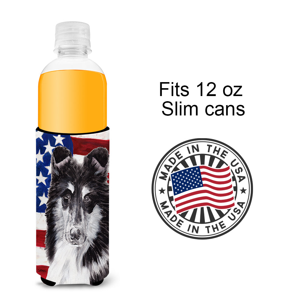 Black and White Collie with American Flag USA Ultra Beverage Insulators for slim cans SC9630MUK.