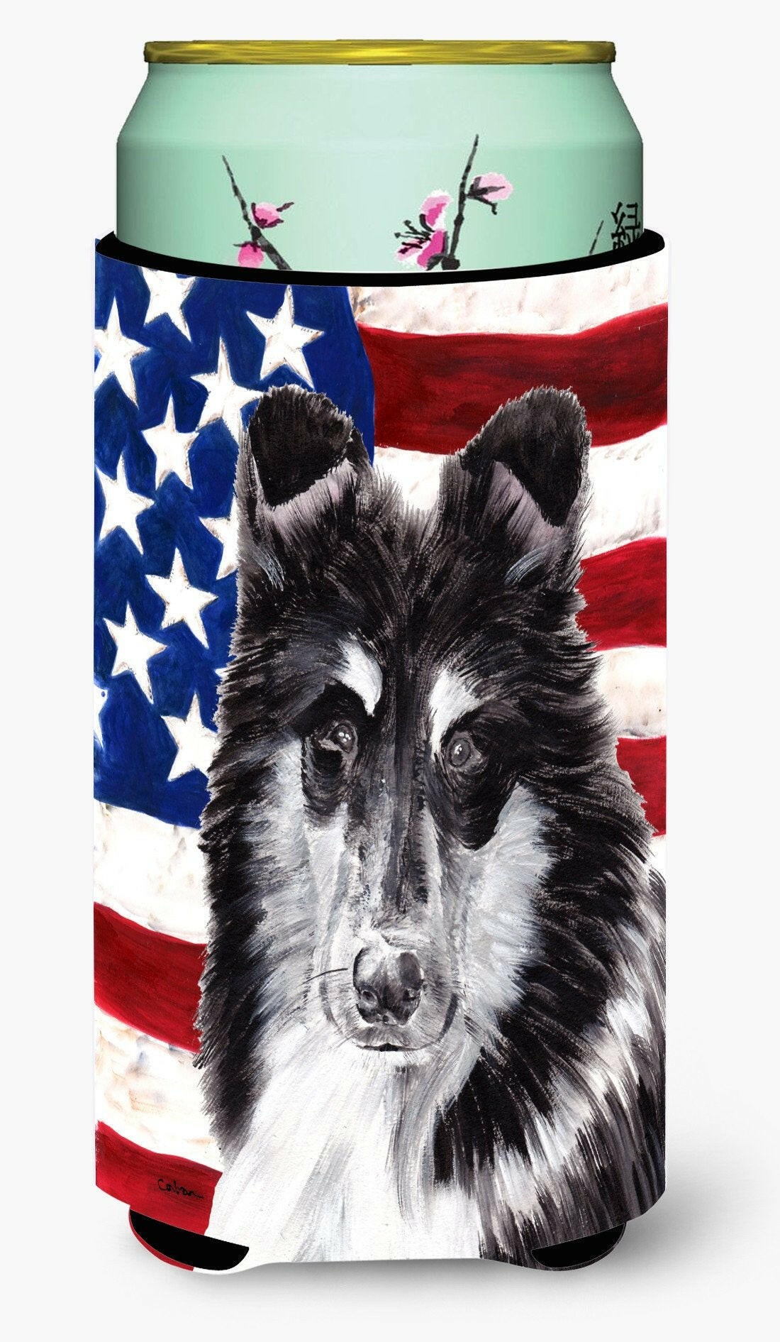Black and White Collie with American Flag USA Tall Boy Beverage Insulator Hugger SC9630TBC by Caroline&#39;s Treasures