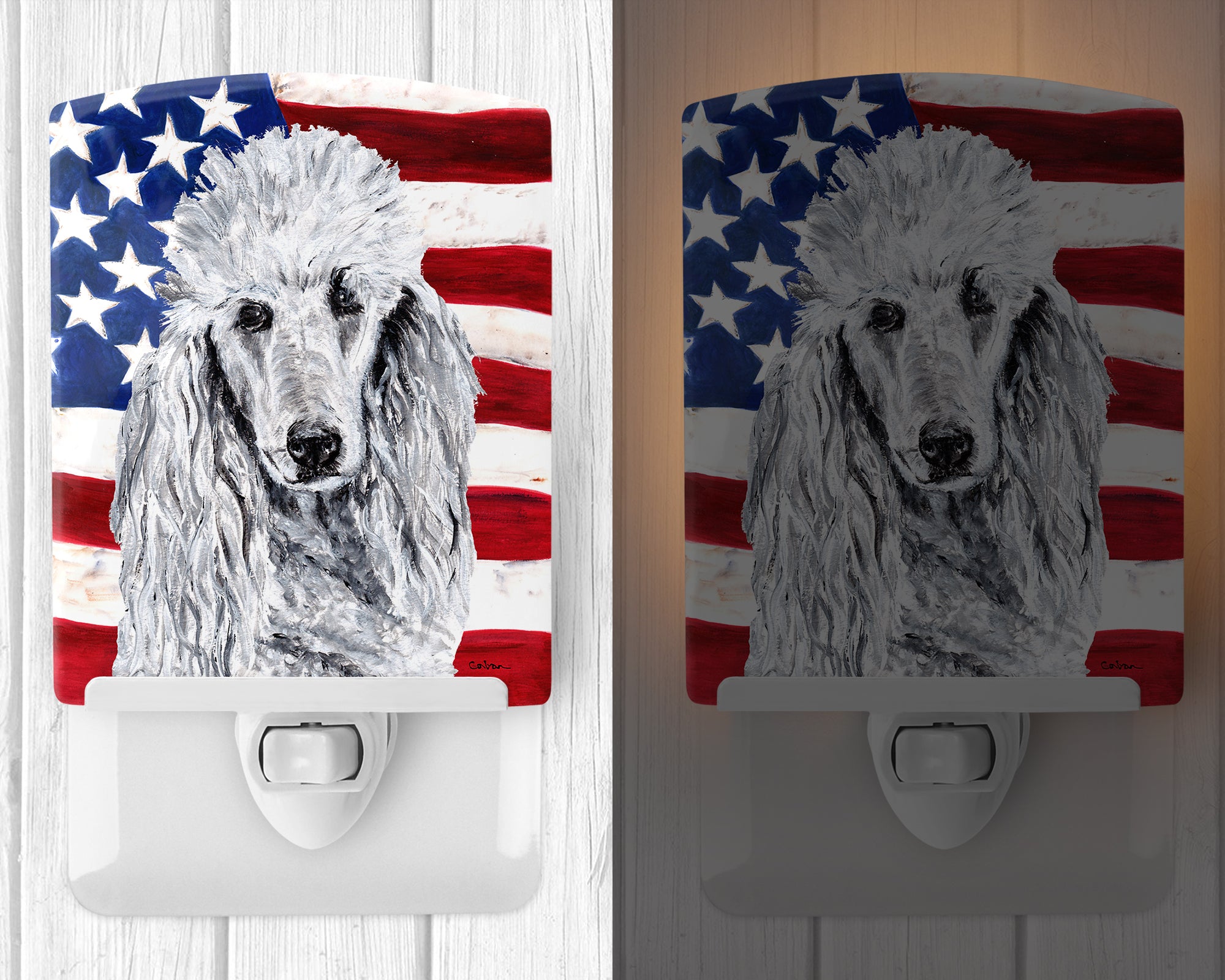 White Standard Poodle with American Flag USA Ceramic Night Light SC9631CNL - the-store.com