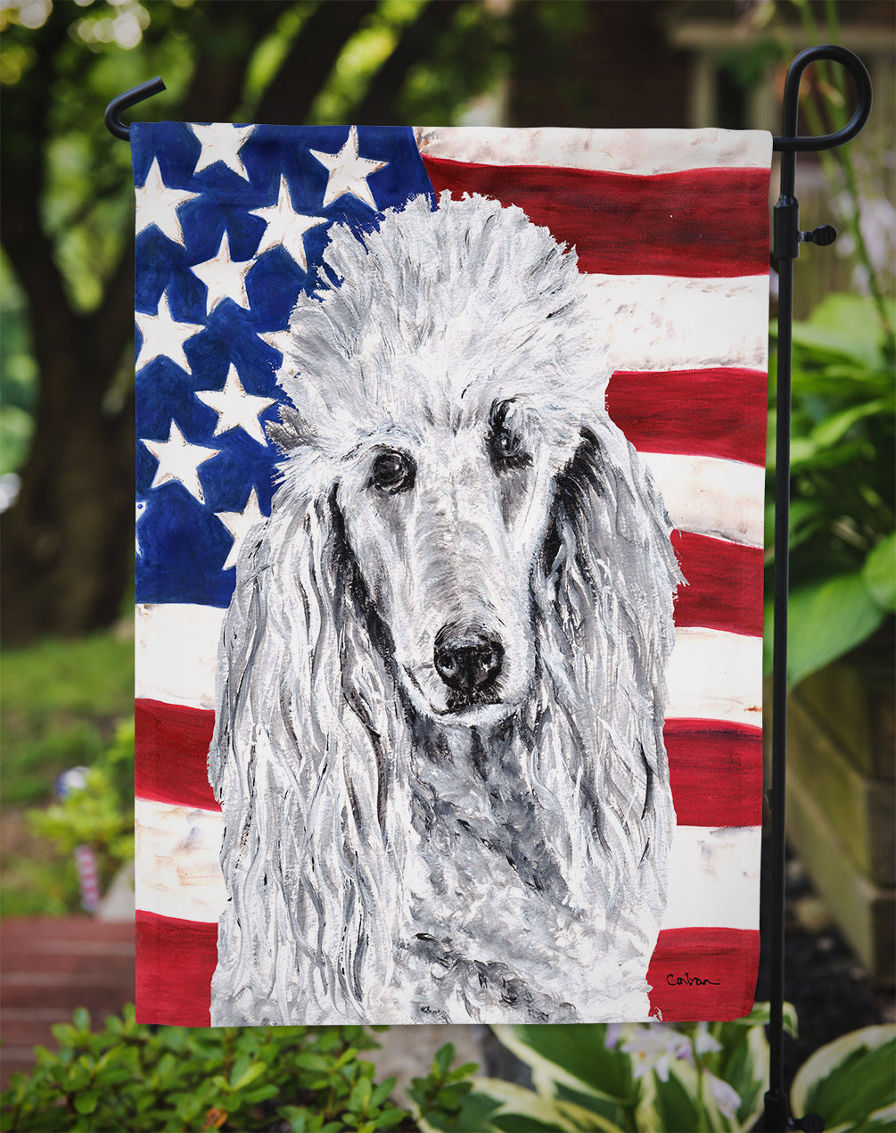 White Standard Poodle with American Flag USA Flag Garden Size SC9631GF