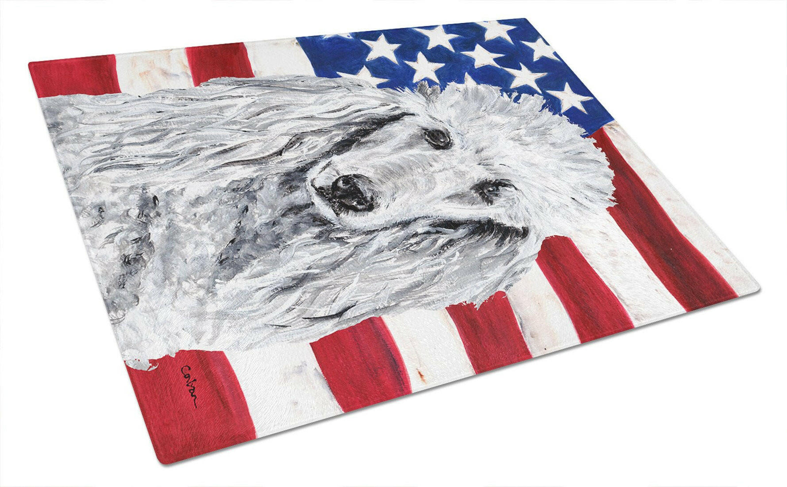 White Standard Poodle with American Flag USA Glass Cutting Board Large Size SC9631LCB by Caroline's Treasures