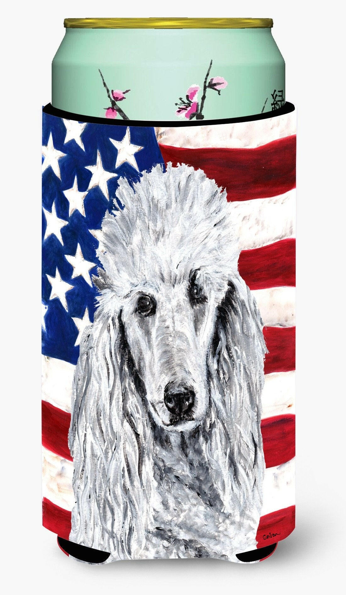 White Standard Poodle with American Flag USA Tall Boy Beverage Insulator Hugger SC9631TBC by Caroline&#39;s Treasures