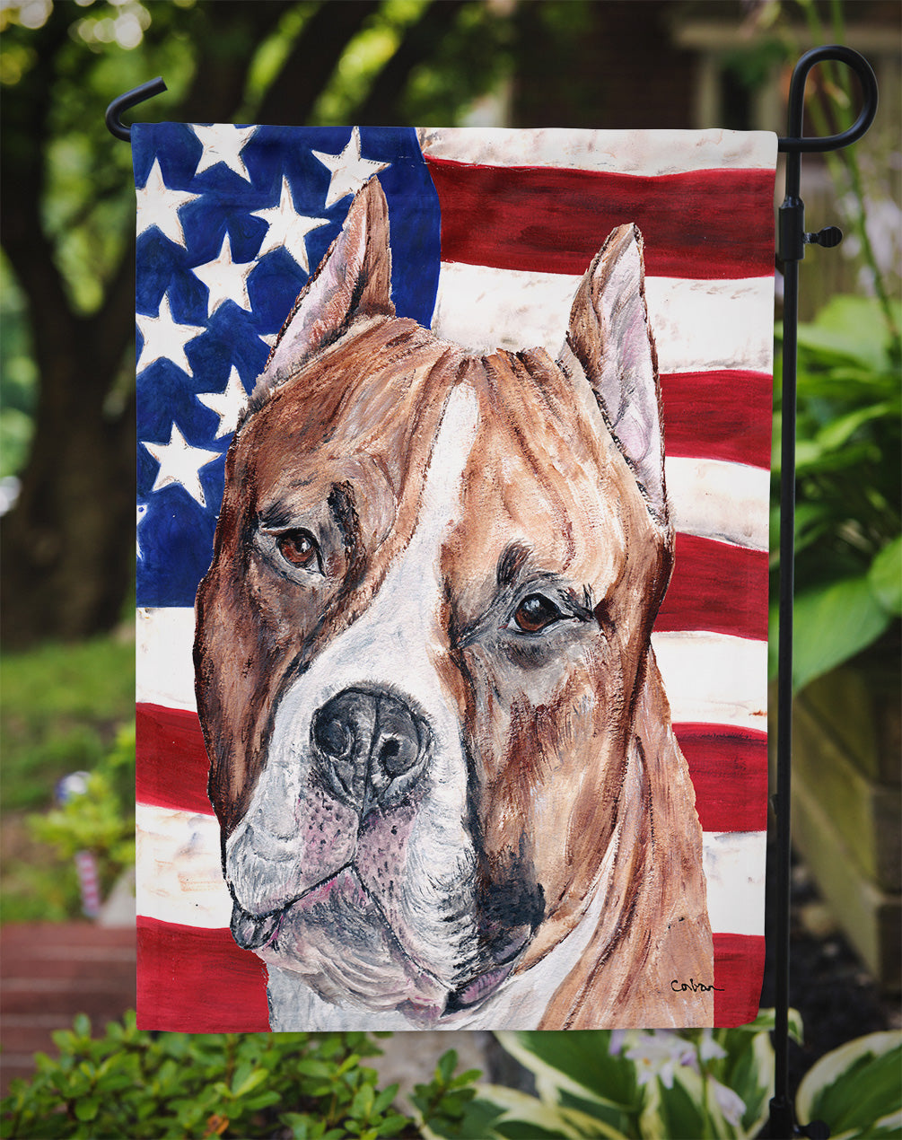 Staffordshire Bull Terrier Staffie with American Flag USA Flag Garden Size SC9632GF