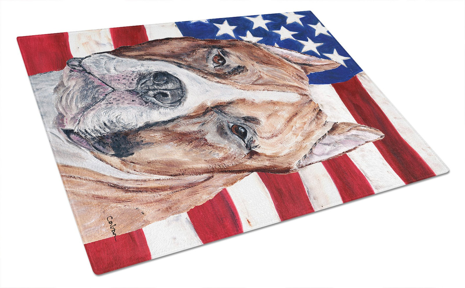 Staffordshire Bull Terrier Staffie with American Flag USA Glass Cutting Board Large Size SC9632LCB by Caroline's Treasures