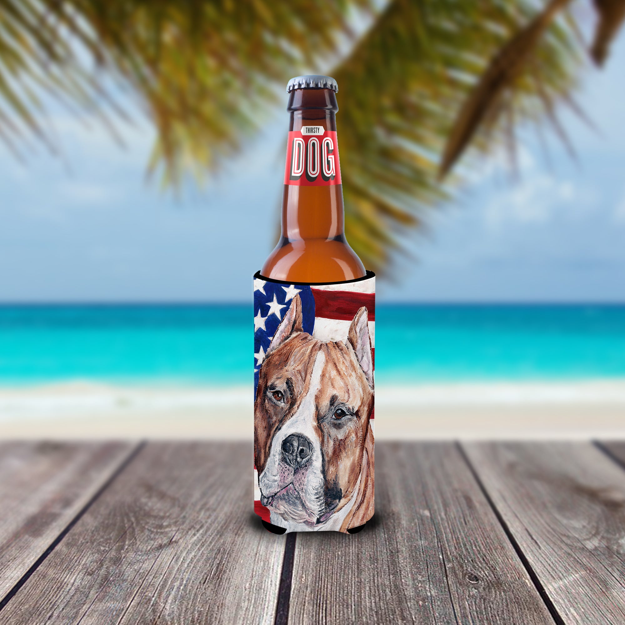 Staffordshire Bull Terrier Staffie with American Flag USA Ultra Beverage Insulators for slim cans SC9632MUK.