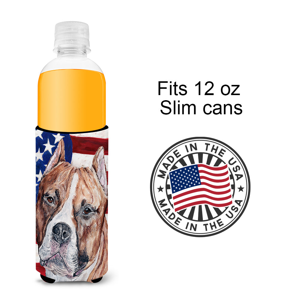 Staffordshire Bull Terrier Staffie with American Flag USA Ultra Beverage Insulators for slim cans SC9632MUK