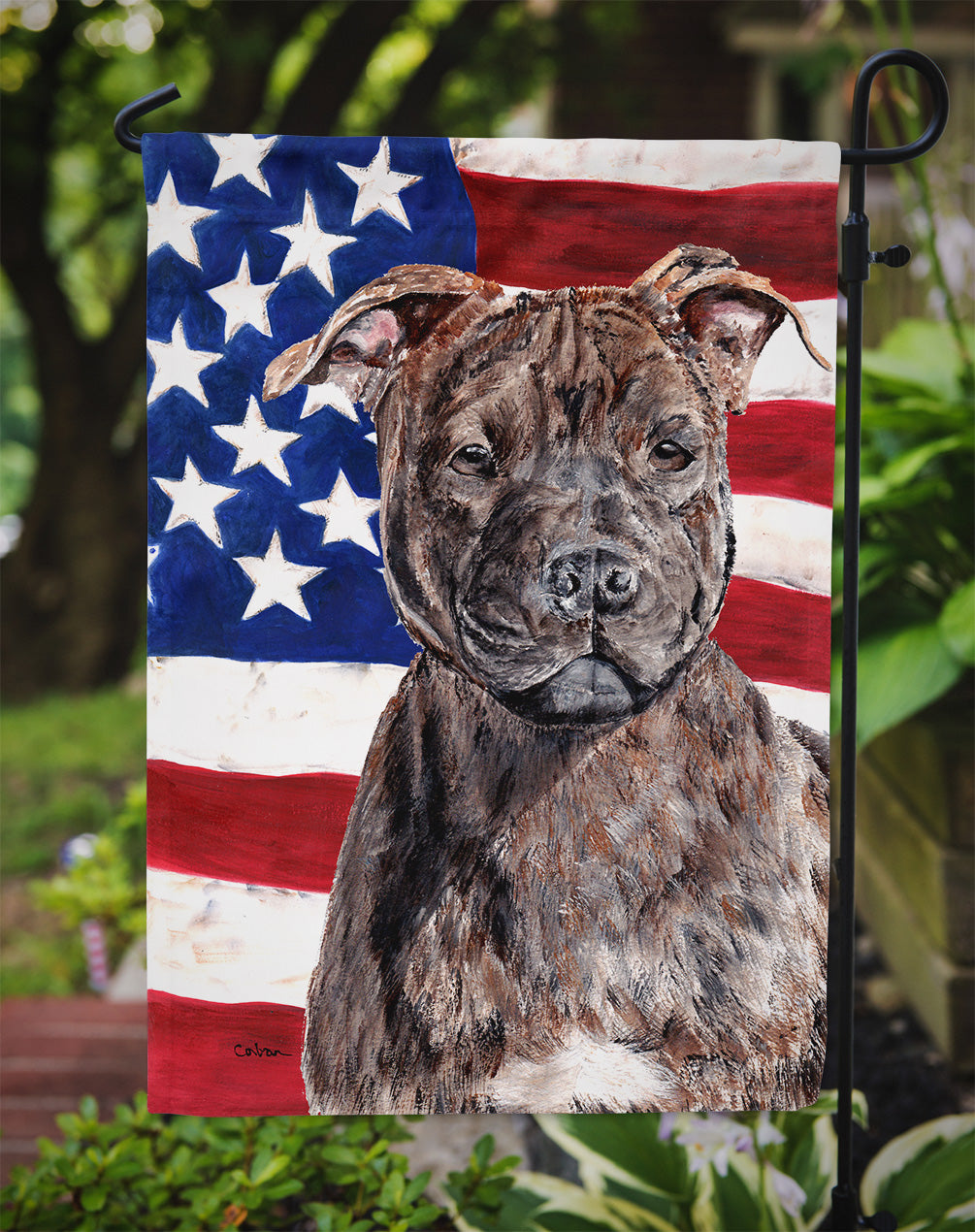 Staffordshire Bull Terrier Staffie with American Flag USA Flag Garden Size SC9633GF