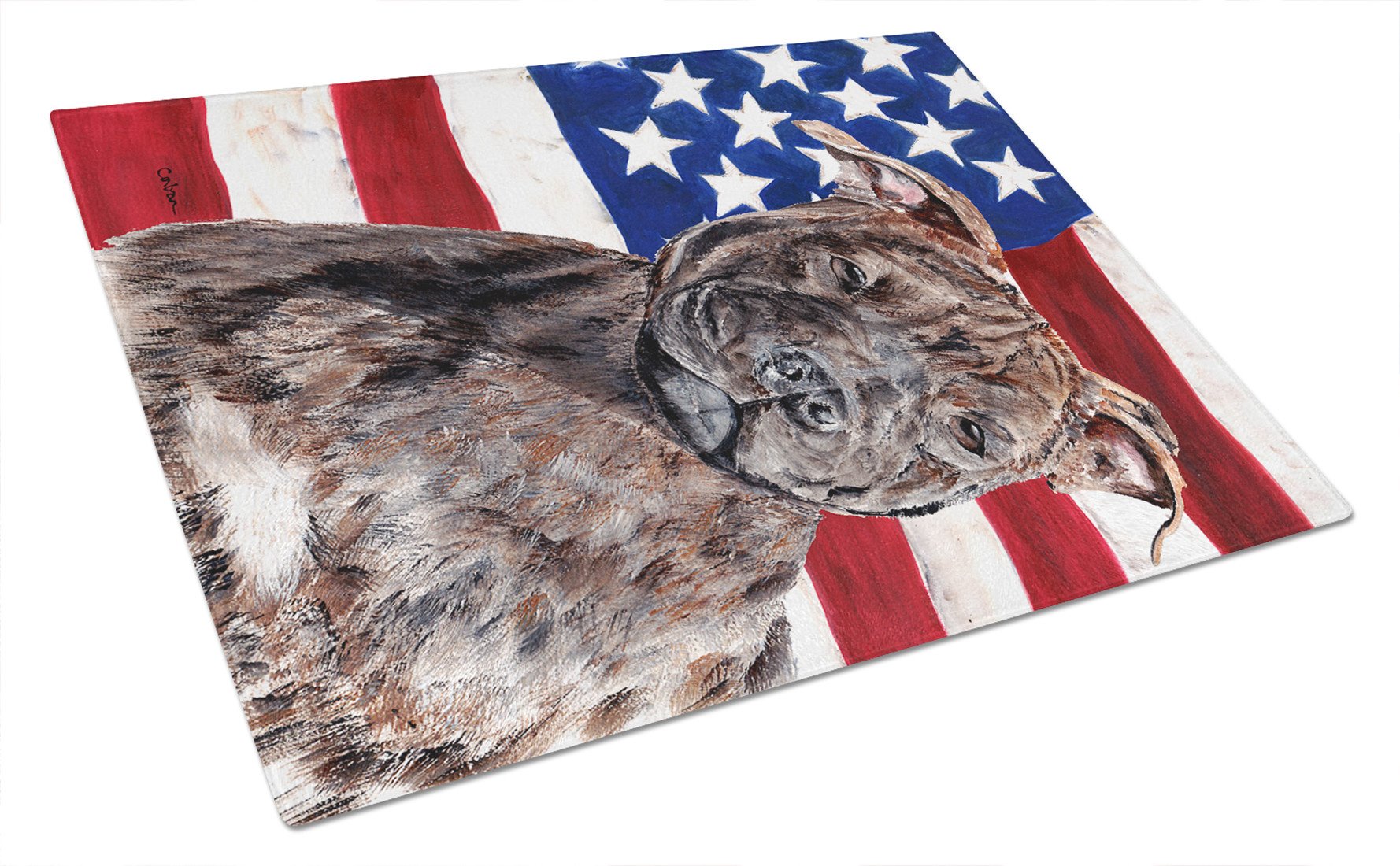 Staffordshire Bull Terrier Staffie with American Flag USA Glass Cutting Board Large Size SC9633LCB by Caroline's Treasures