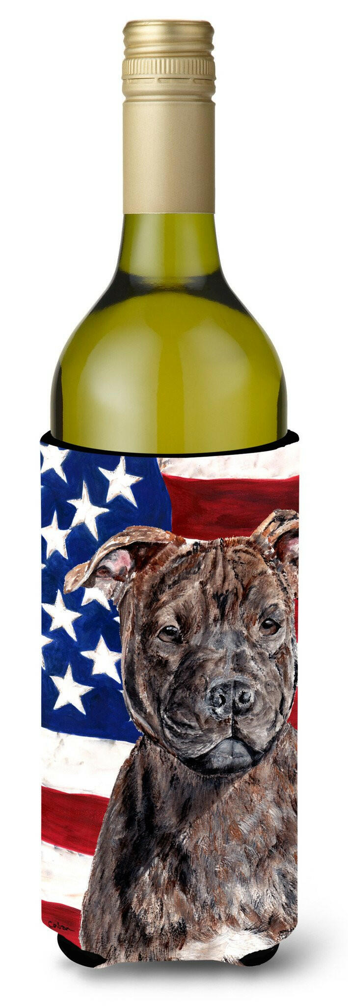 Staffordshire Bull Terrier Staffie with American Flag USA Wine Bottle Beverage Insulator Hugger SC9633LITERK by Caroline&#39;s Treasures