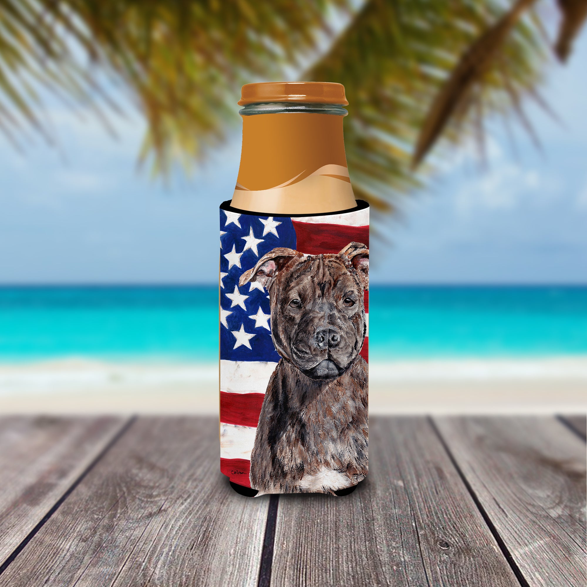 Staffordshire Bull Terrier Staffie with American Flag USA Ultra Beverage Insulators for slim cans SC9633MUK.