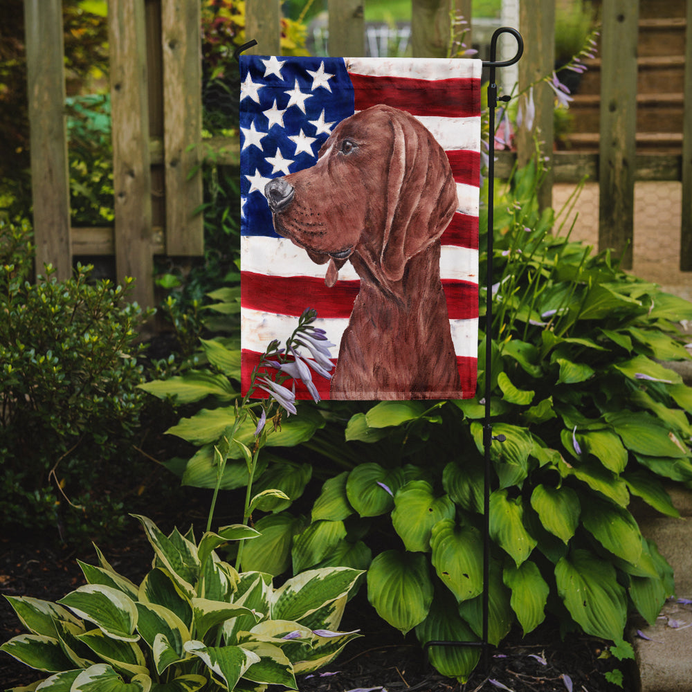Redbone Coonhound with American Flag USA Flag Garden Size SC9635GF.