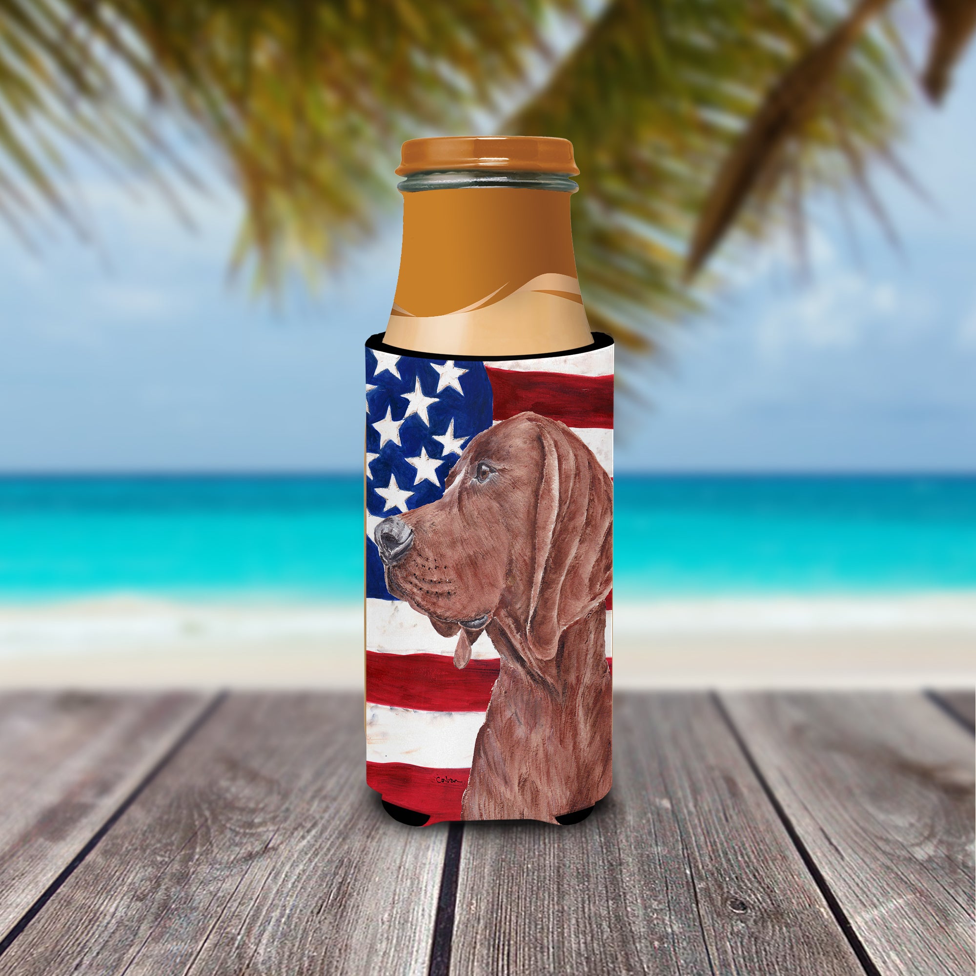 Redbone Coonhound with American Flag USA Ultra Beverage Insulators for slim cans SC9635MUK