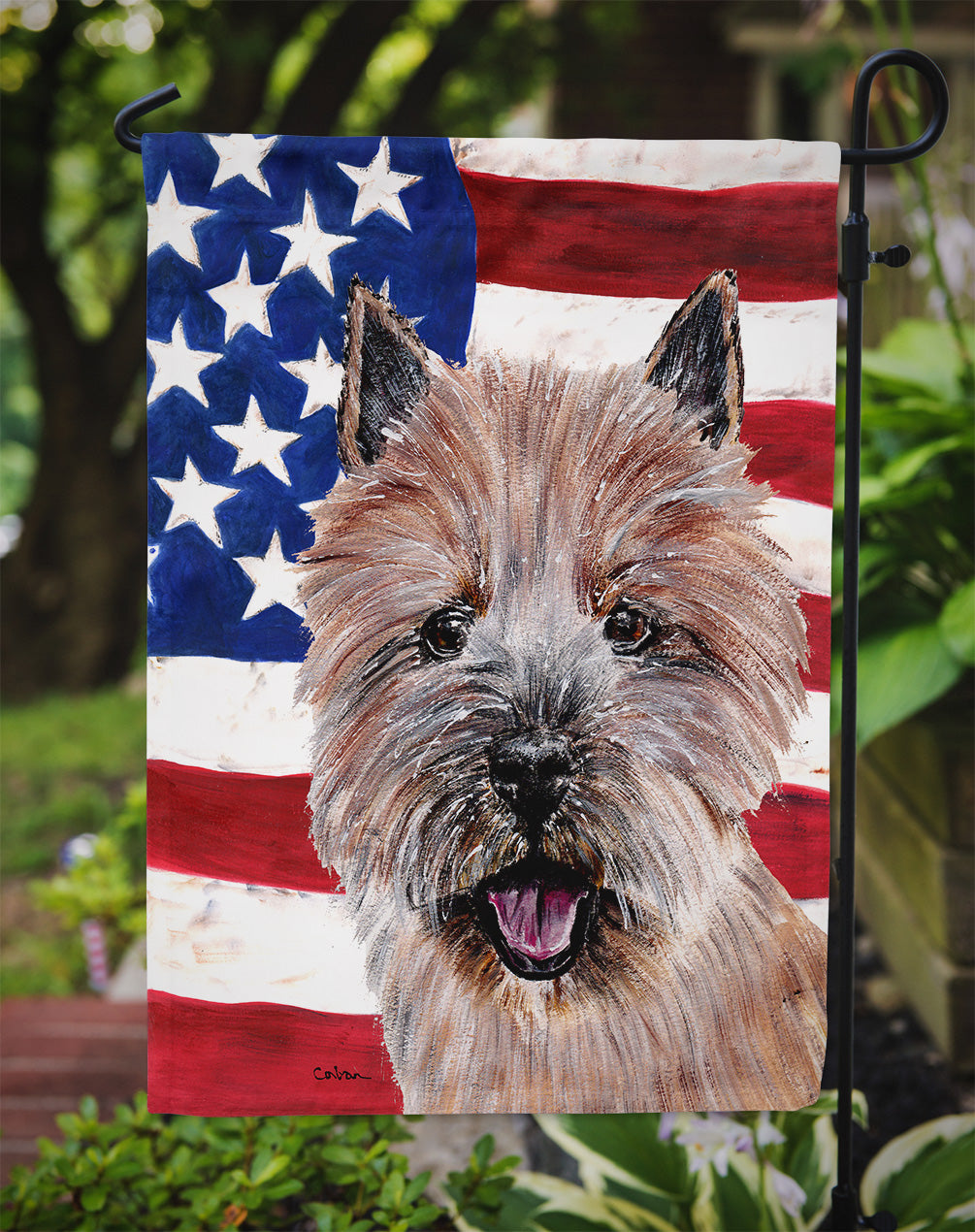 Norwich Terrier with American Flag USA Flag Garden Size SC9638GF.