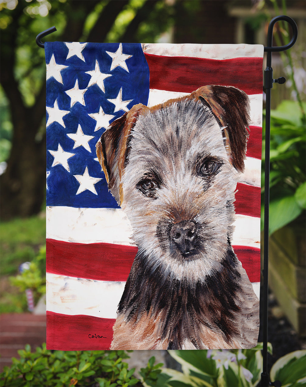 Norfolk Terrier Puppy with American Flag USA Flag Garden Size SC9639GF