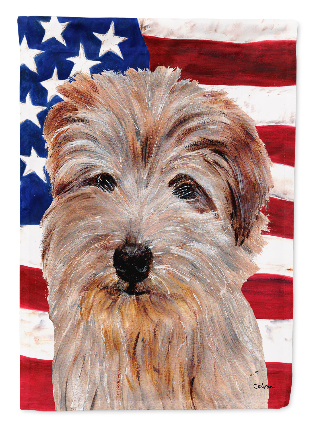 Norfolk Terrier with American Flag USA Flag Garden Size SC9640GF.